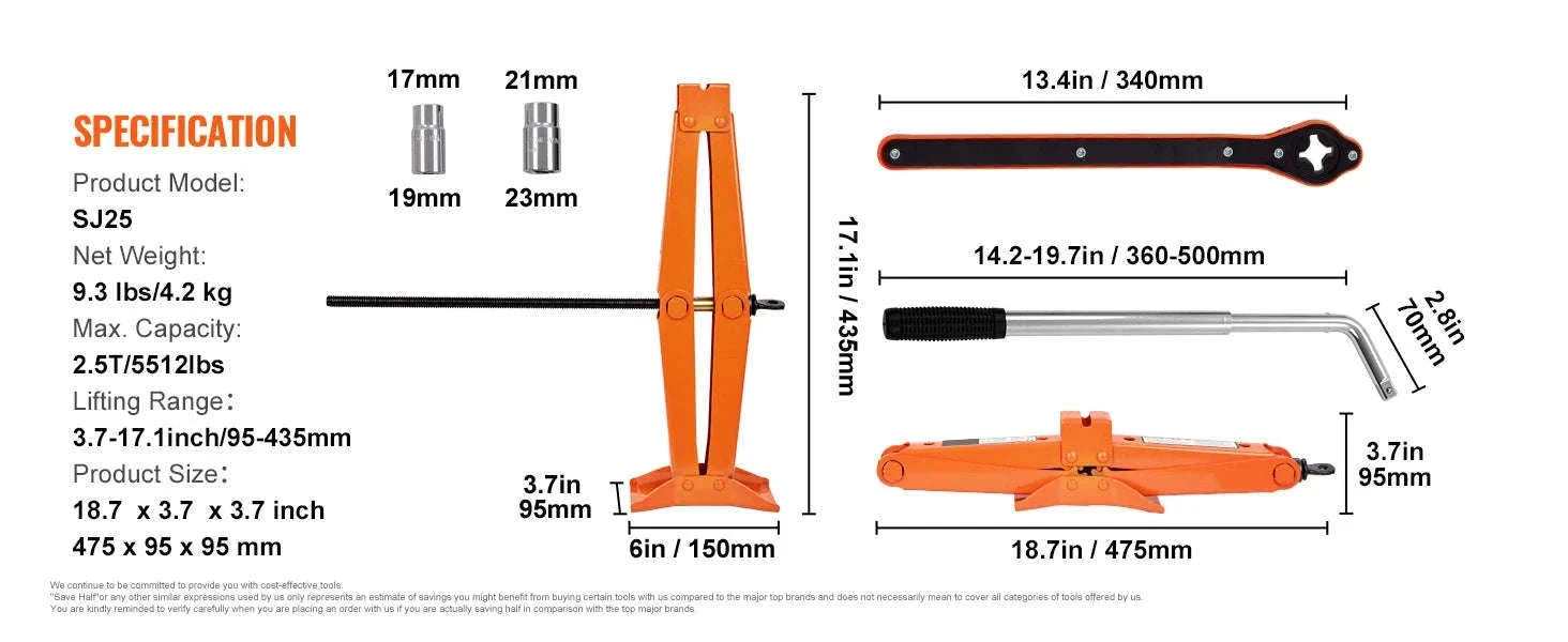 2.5 Ton Scissor Car Jack Kit with 3.7–17.1" Lift Range-2.5 T / spain
