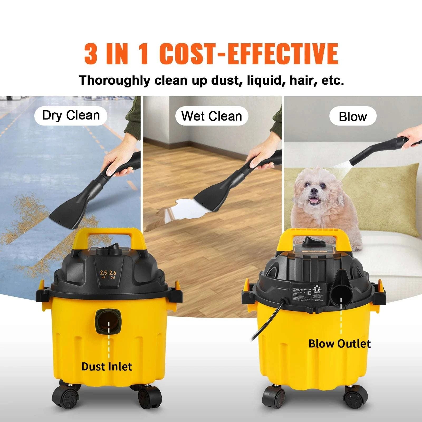 2.6 Gallon Wet Dry Shop Vacuum 2.5 HP with Blower Function-United States