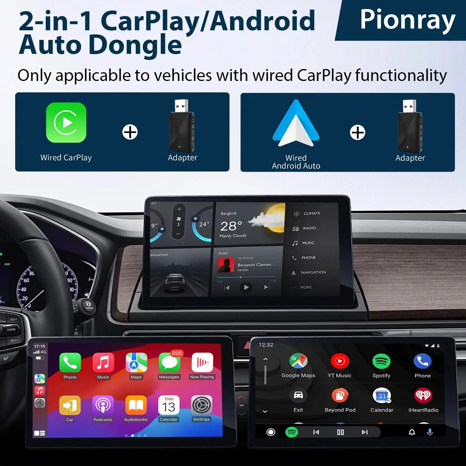 2 IN 1 Wireless Carplay Adapter, Converts Wired to Wireless carplay Adapter for iPhone, Wireless Control Plug & Play Carplay 