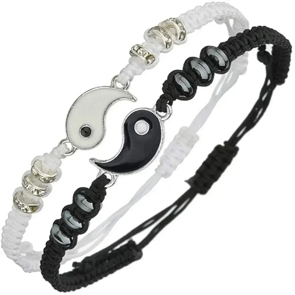 2 PC Jewelry Set Couple Black White Tai Chi Bracelet Rope Adjustable Chain Set Simple Style Daily Wear Jewelry 