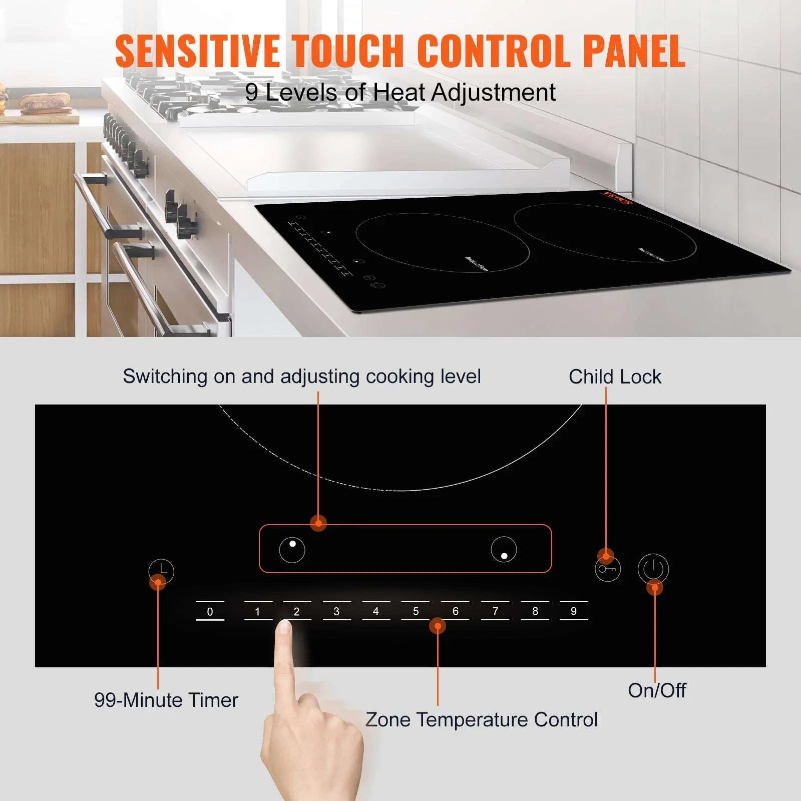 2 Burner Induction Cooktop with Touch Control and Built-In Design-24inch 1800W / United States