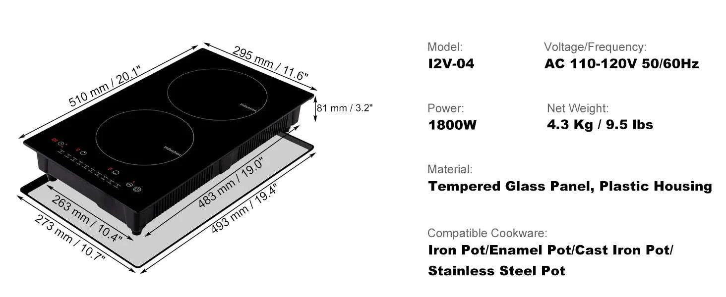 2 Burner Induction Cooktop with Touch Control and Safety Features-24inch 1800W / United States