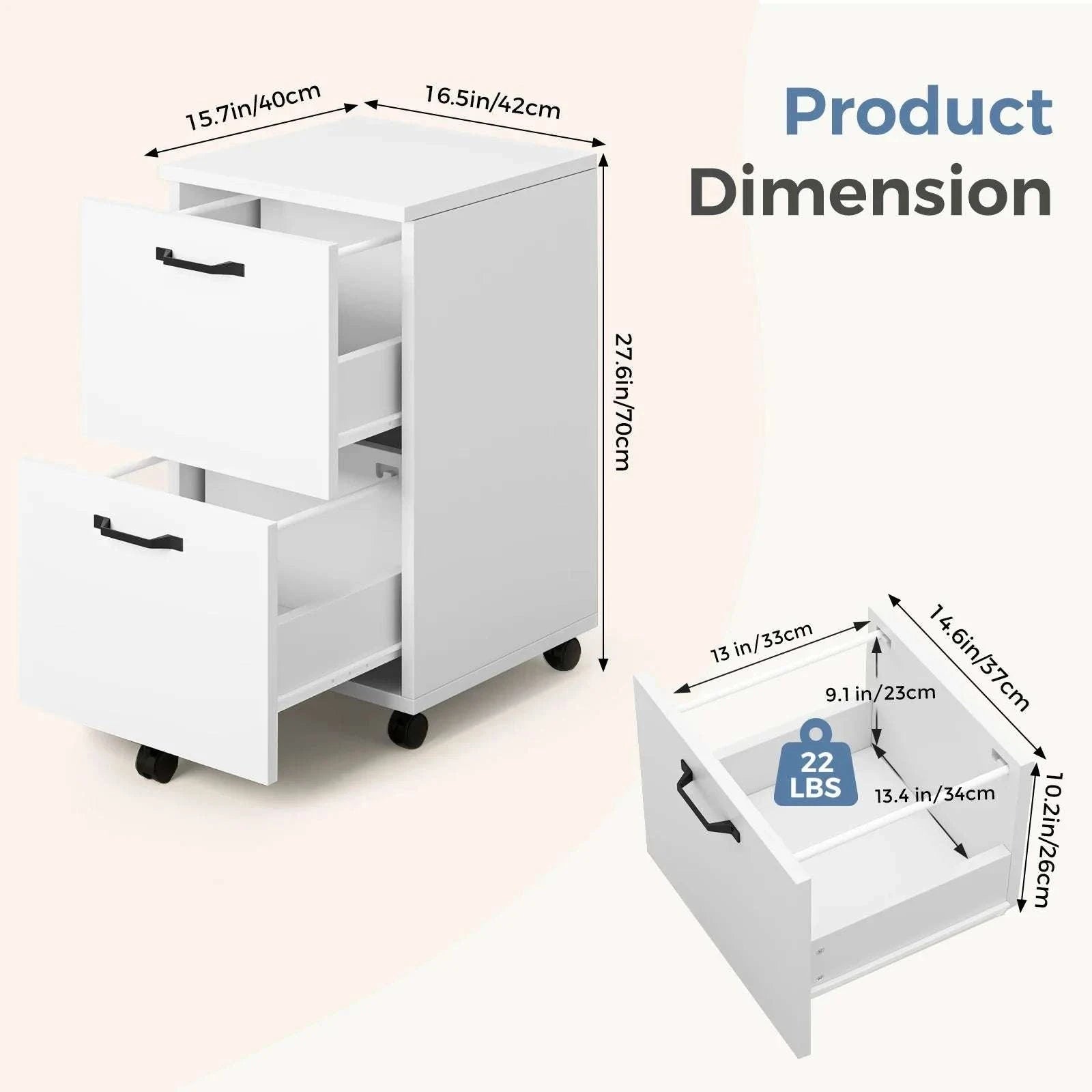 2-Drawer Rolling File Cabinet with Lockable Wheels for Home Office-WHITE / United States