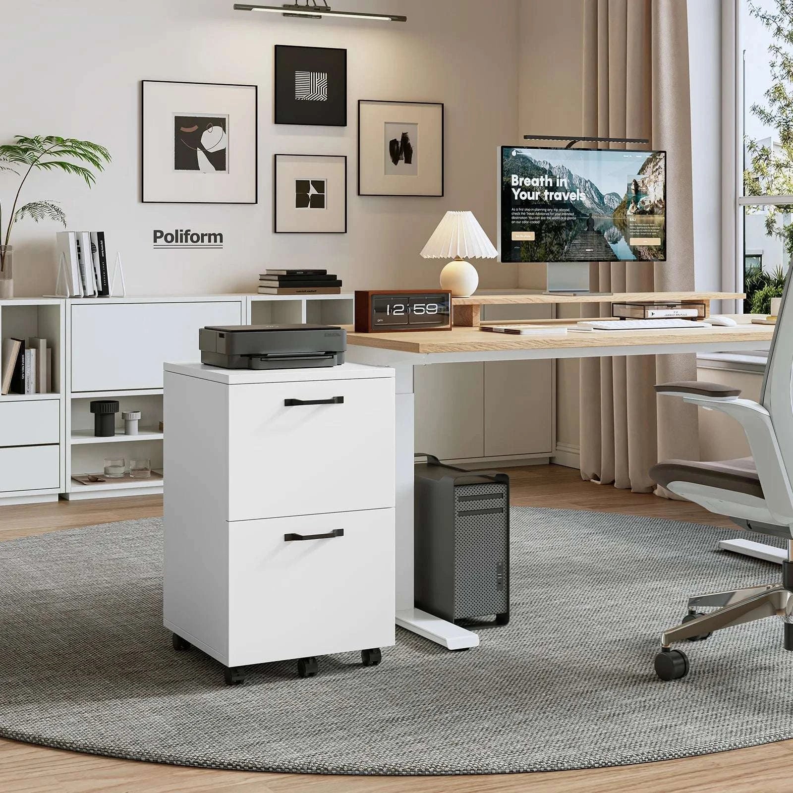 2-Drawer Rolling File Cabinet with Lockable Wheels for Home Office-WHITE / United States