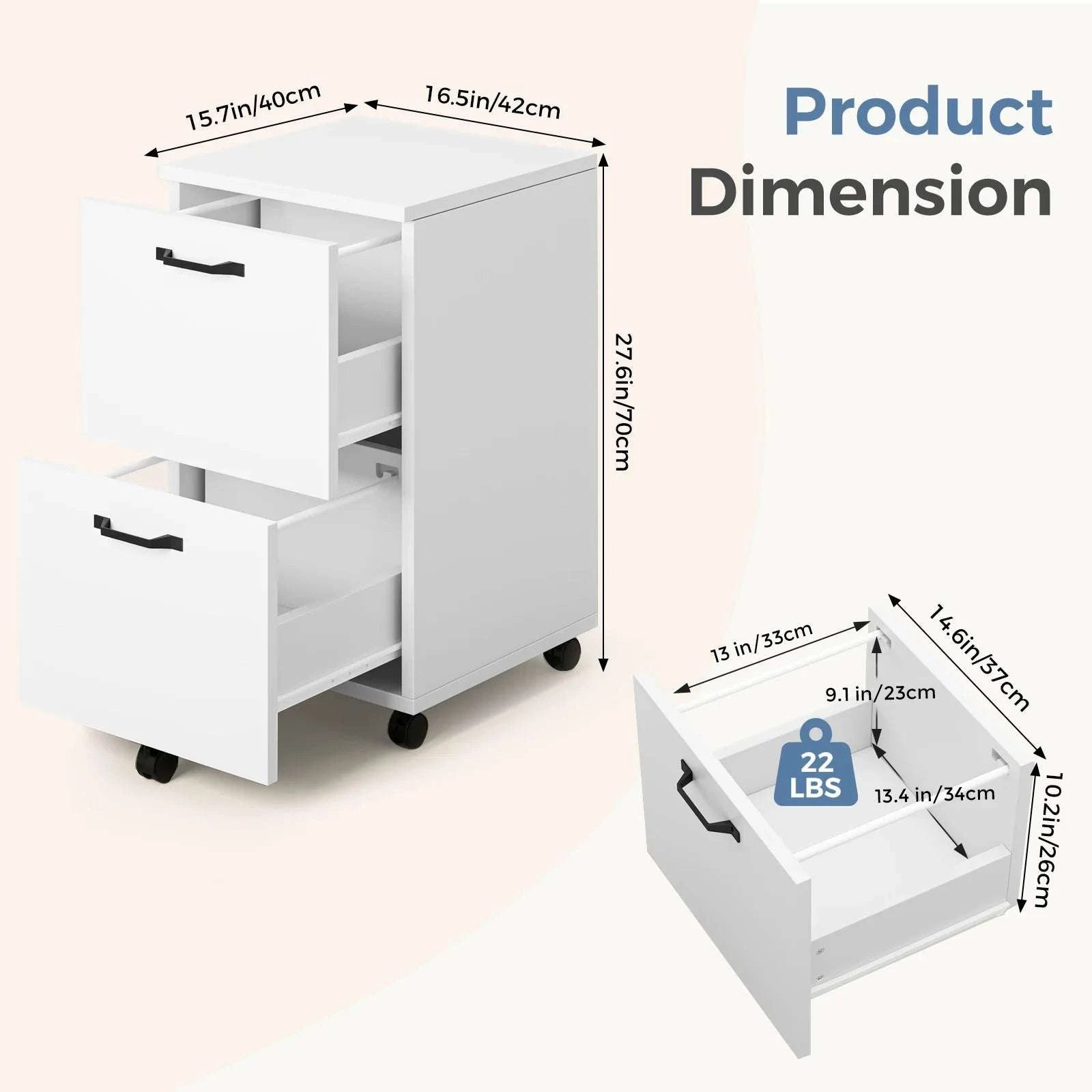 2-Drawer Rolling File Cabinet with Lockable Wheels for Home Office-WHITE / United States