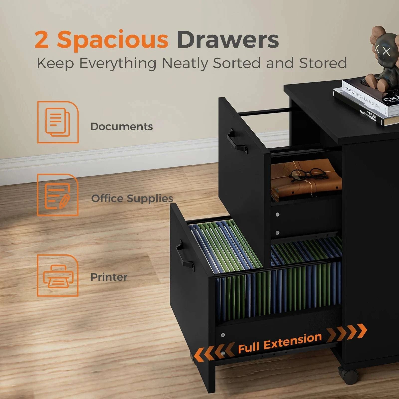 2 Drawer Rolling Wood Filing Cabinet with Locking Wheels-black / United States