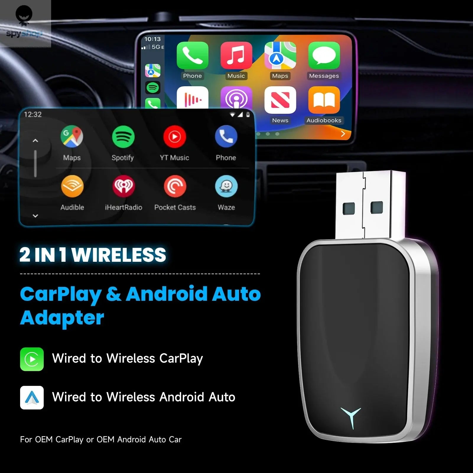 2-in-1 Wired to Wireless CarPlay Adapter & Android Auto Wireless Adapter Plug & Play Spy-shop.com
