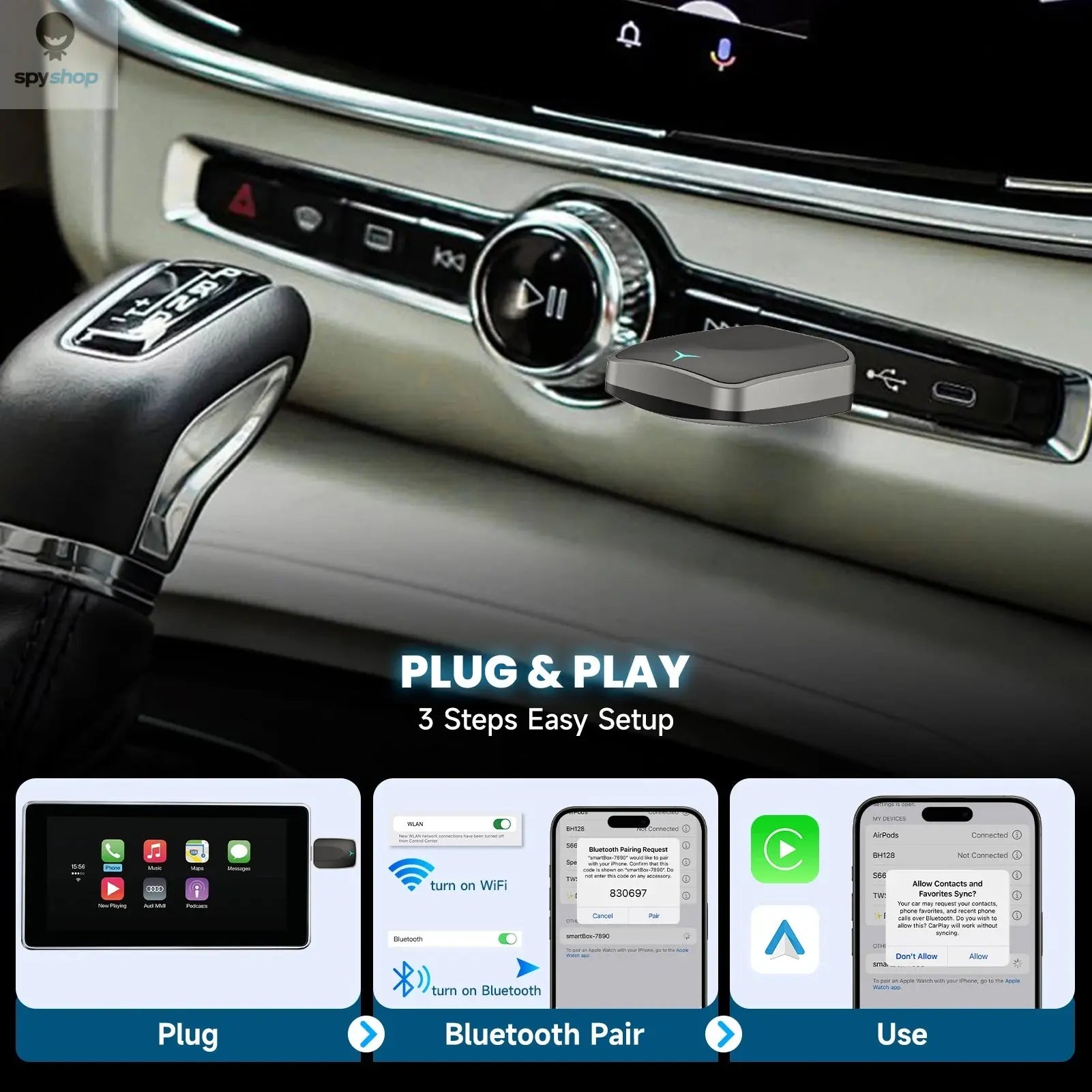 2-in-1 Wired to Wireless CarPlay Adapter & Android Auto Wireless Adapter Plug & Play Spy-shop.com