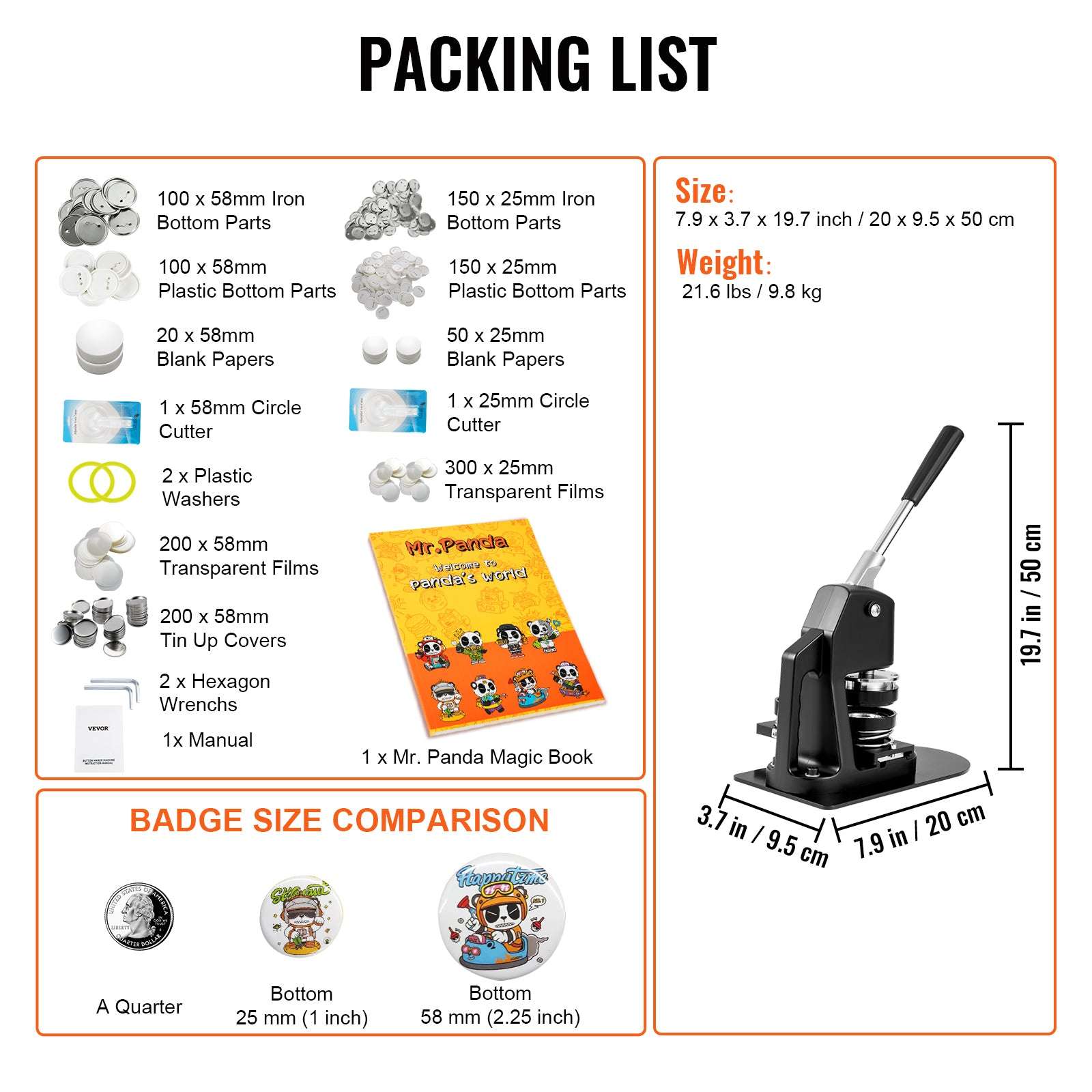 2-in-1 Button Badge Maker Machine Kit with 500pcs Parts-32 and 58mm 500Pcs / spain