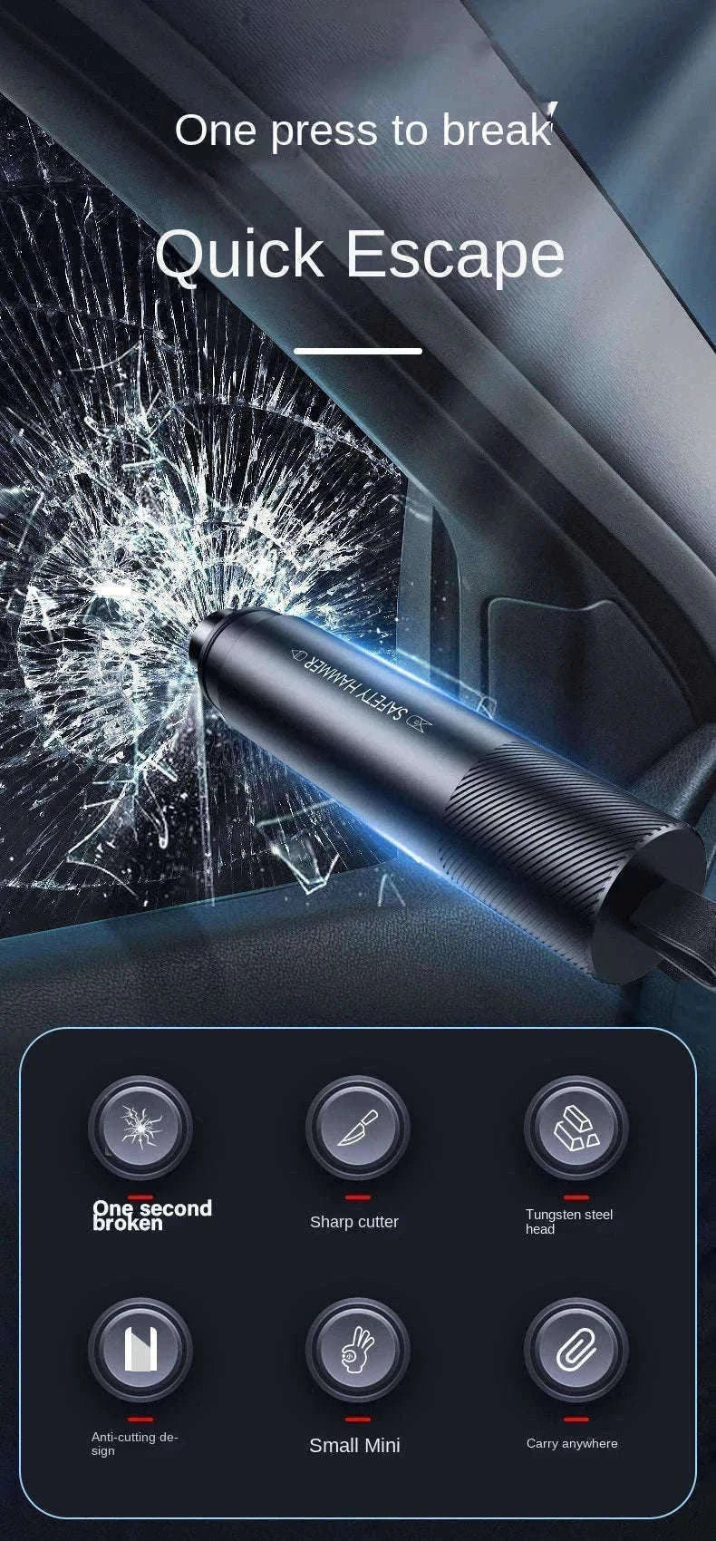 2 in 1 Car Emergency Hammer and Seat Belt Cutter-Alloy-Black