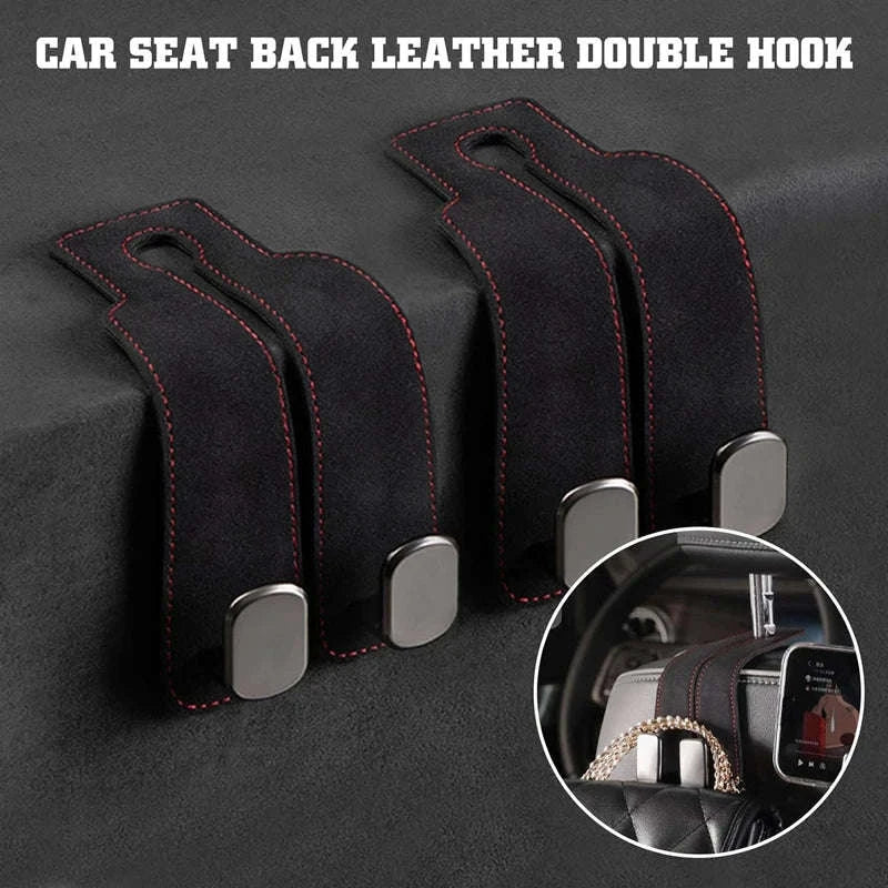 2-in-1 Car Headrest Hook with Premium Leather Design-Black