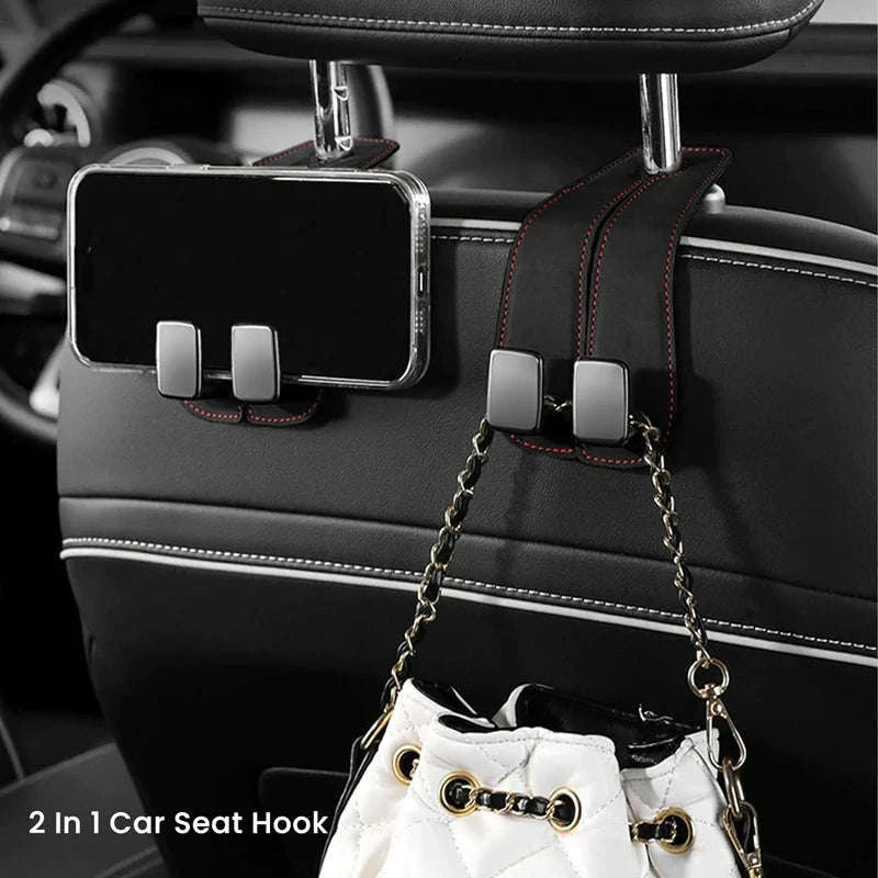 2-in-1 Car Headrest Hook with Premium Leather Design-Black