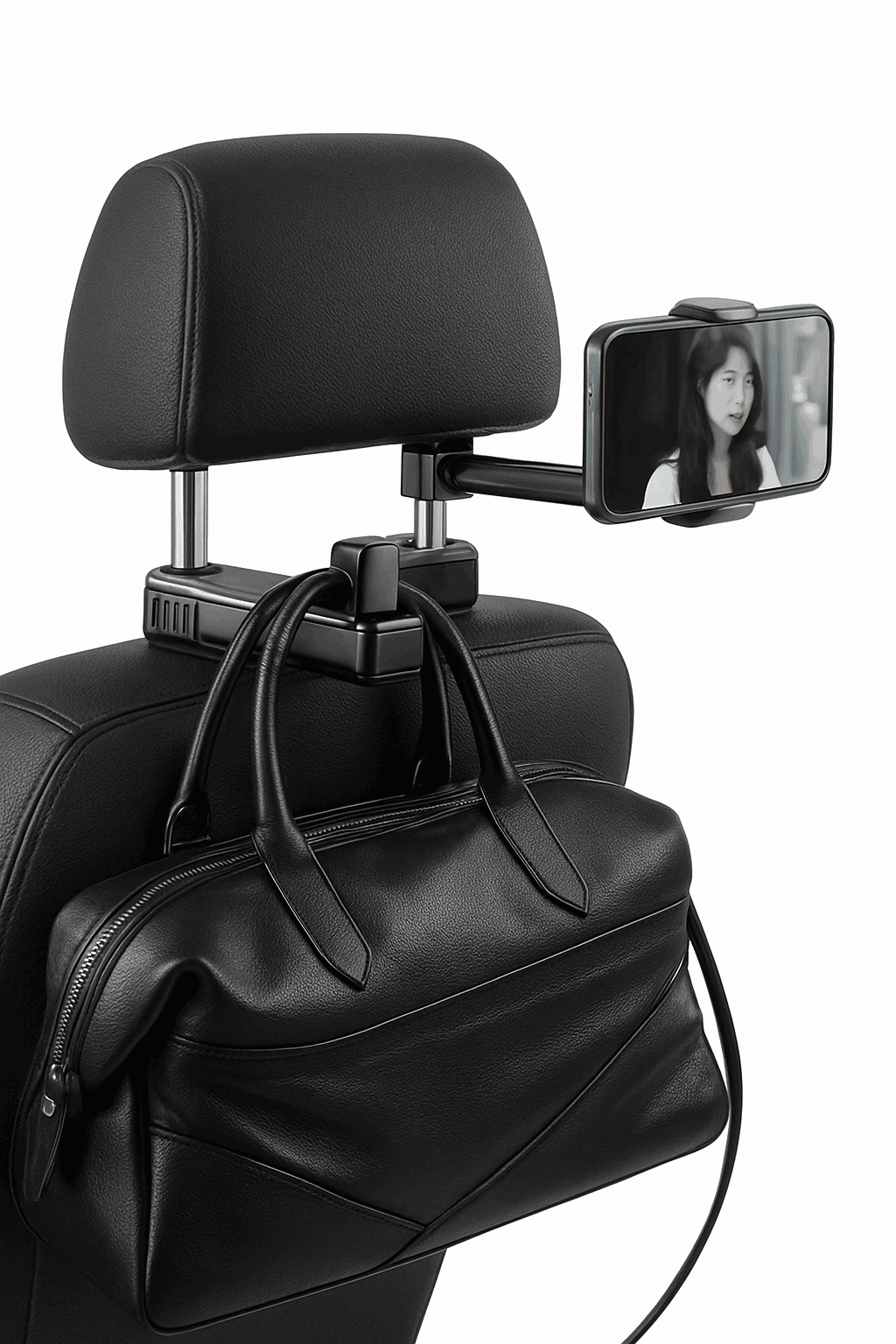2 in 1 Car Seat Back Hook with Phone Holder-Black