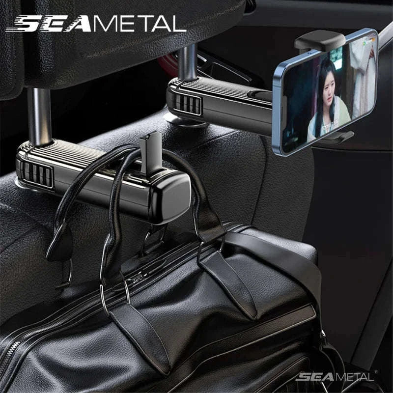 2 in 1 Car Seat Back Hook with Phone Holder-Black