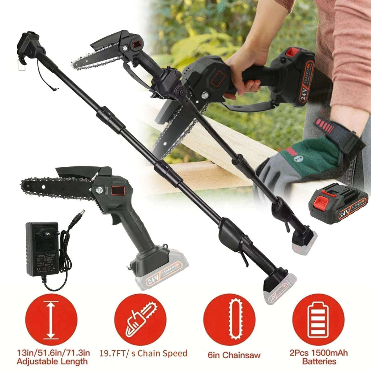 2-in-1 Cordless Pole Chainsaw with 2.25m Reach-2 pcs batteries / EU / france