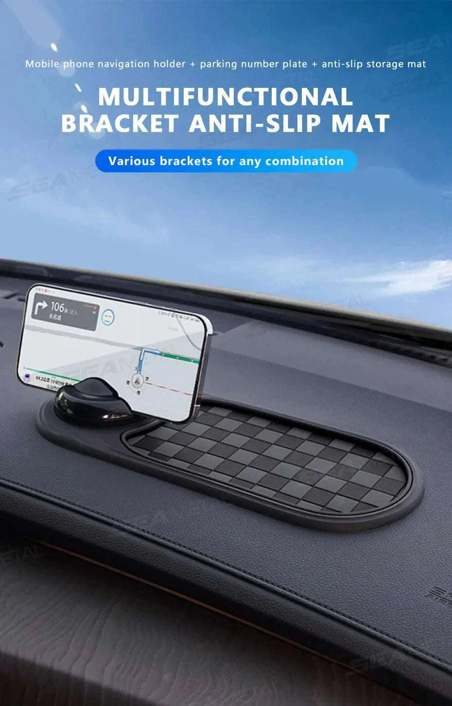 2-in-1 Dashboard Anti-Slip Mat with 360-Degree Rotating Phone Holder-Black gray