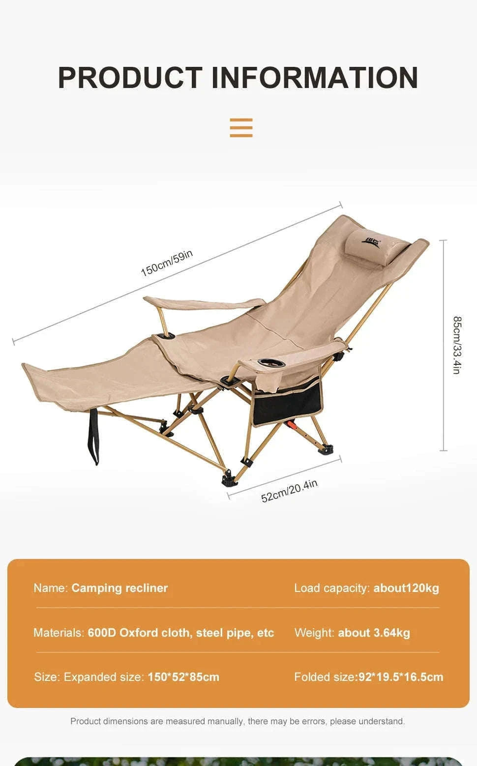2-in-1 Reclining Camping Chair with Adjustable Backrest and Footrest-Khaki