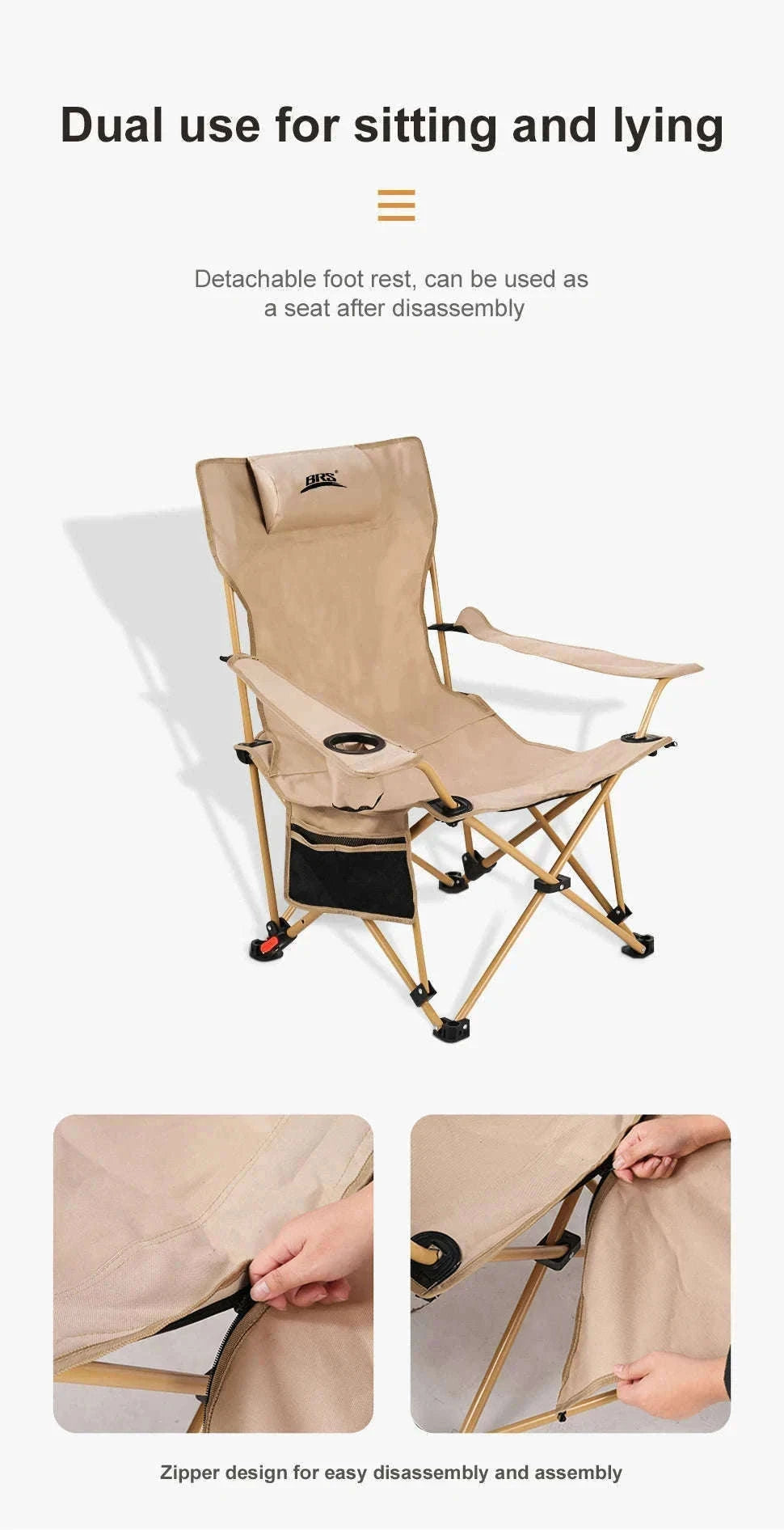 2-in-1 Reclining Camping Chair with Adjustable Backrest and Footrest-Khaki