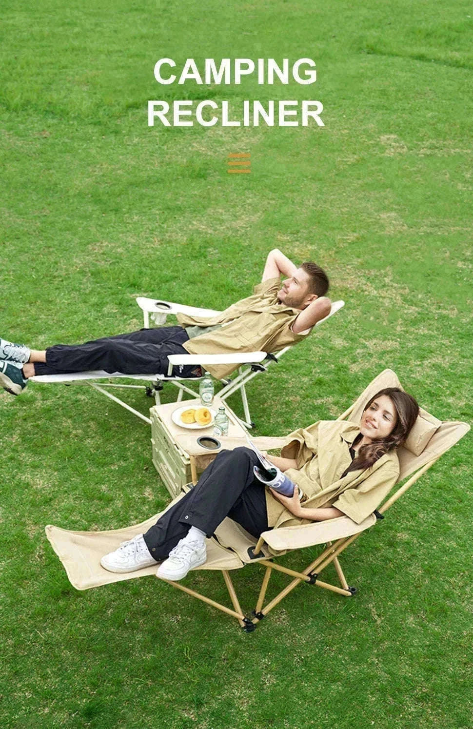 2-in-1 Reclining Camping Chair with Footrest and Storage-Khaki