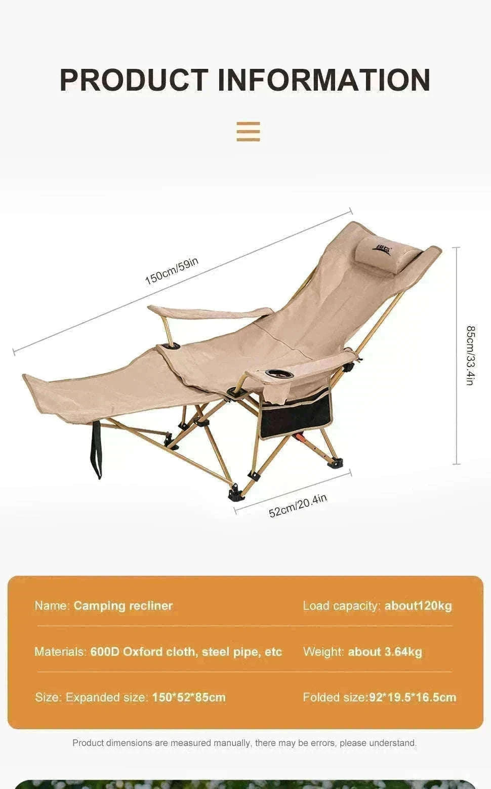2-in-1 Reclining Camping Chair with Footrest and Storage-Khaki
