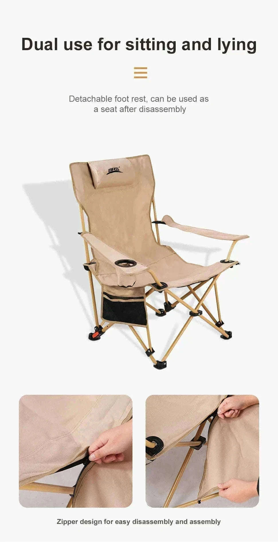 2-in-1 Reclining Camping Chair with Footrest and Storage-Khaki