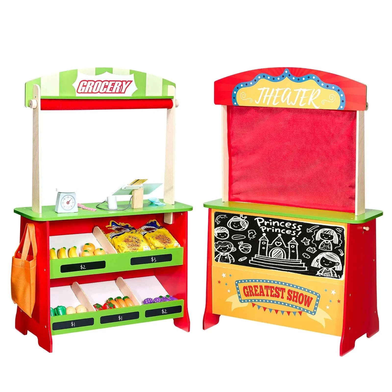 2-in-1 Wooden Kids Grocery Store & Puppet Theater Playset-1Set / spain