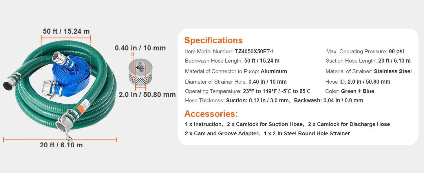 2 in Suction Hose Kit with Backwash Hose and Accessories-2 in x 50 ft / Poland