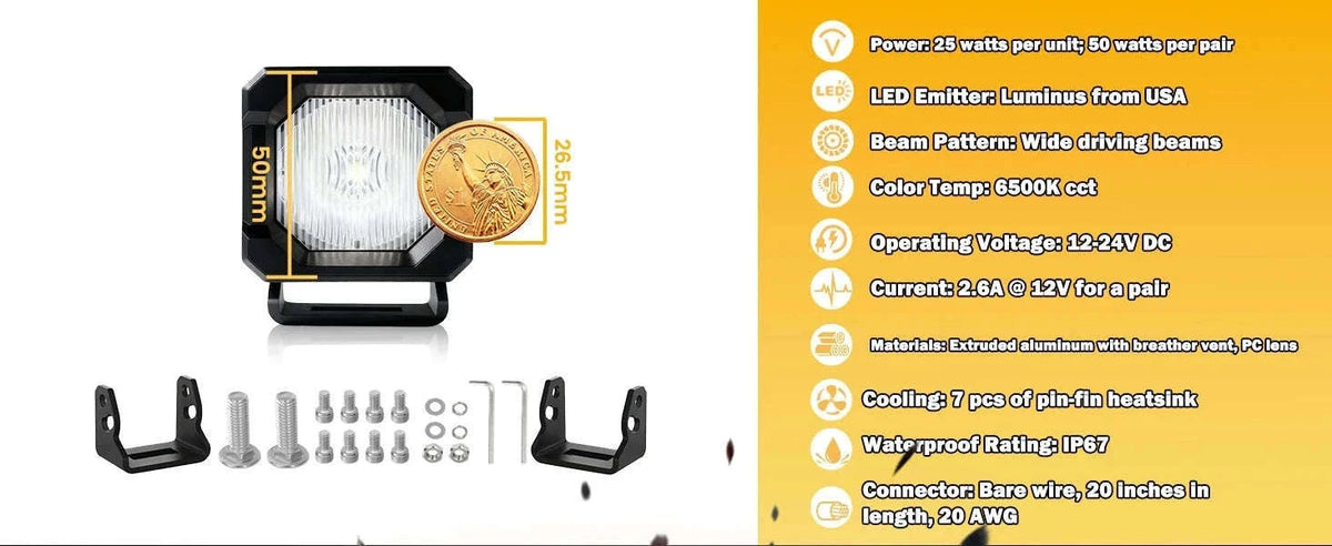 2 Inch LED Pod Lights 50W 12V Waterproof Off-Road Cube Lights-Amber Driving - 1 PC