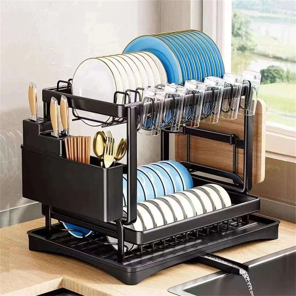 2-Layer Space Saving Dish Drying Rack with Drainboard-black / spain / 2-tier