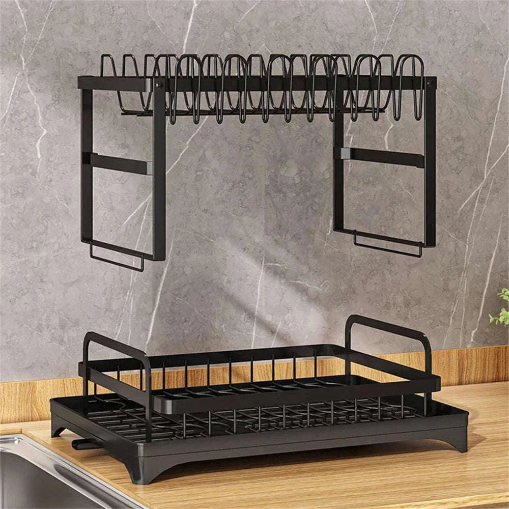 2-Layer Space Saving Dish Drying Rack with Drainboard-black / spain / 2-tier