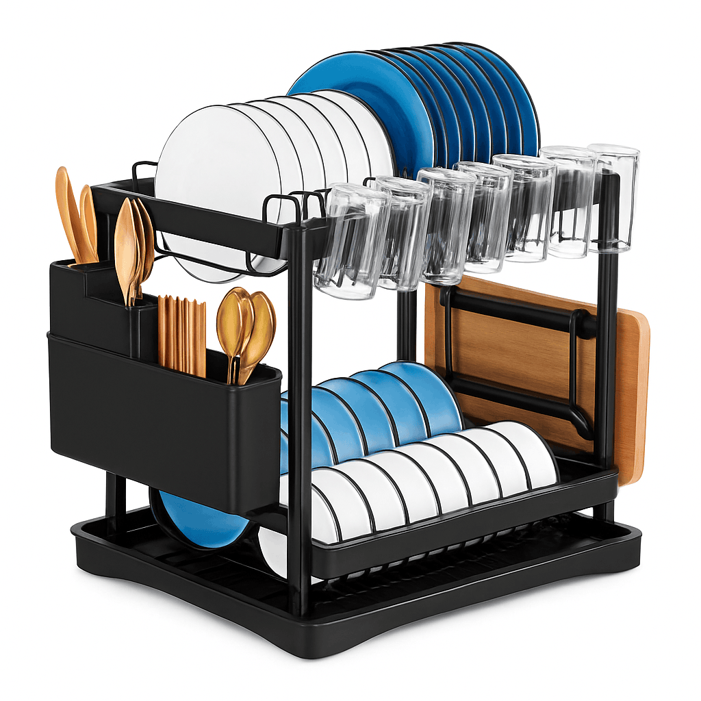 2-Layer Space Saving Dish Drying Rack with Drainboard-black / spain / 2-tier