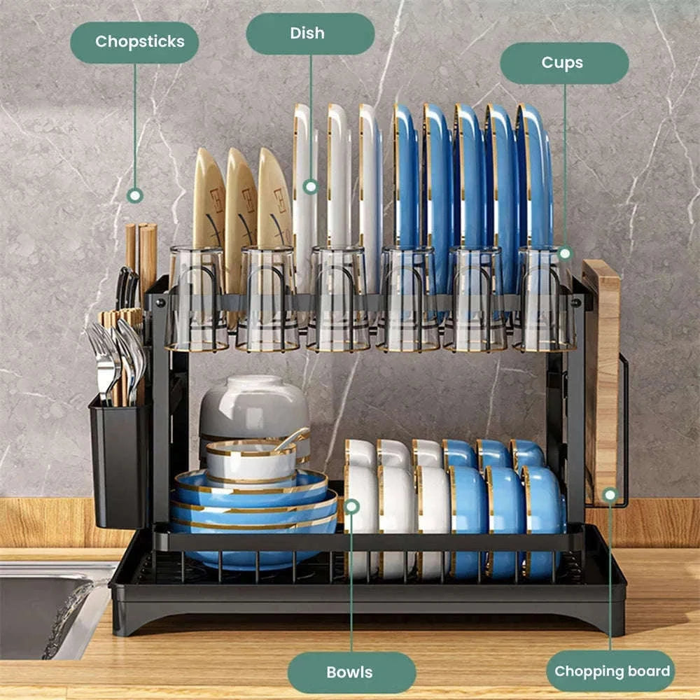 2-Layer Space Saving Dish Drying Rack with Drainboard-black / spain / 2-tier