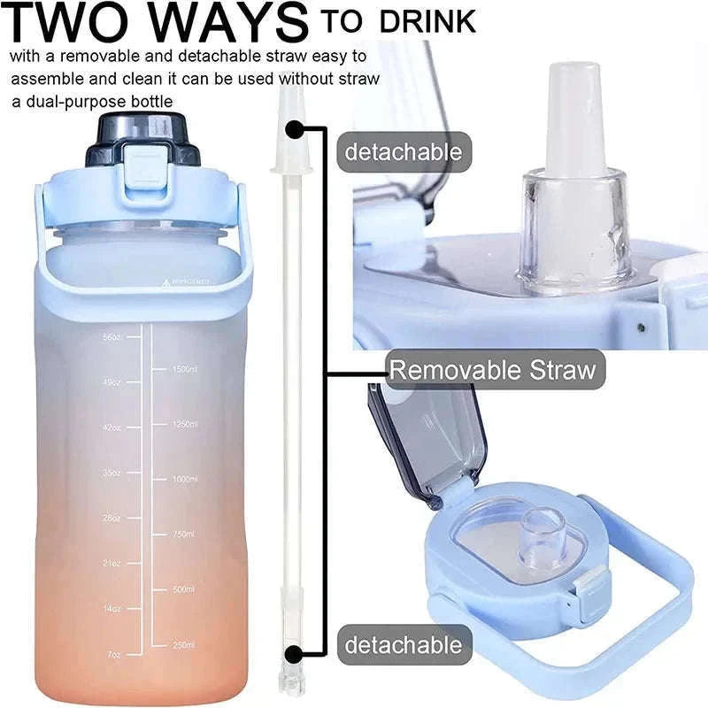 2 Liter Sports Water Bottle with Leak-Proof Straw Lid-pink blue / 2.0L