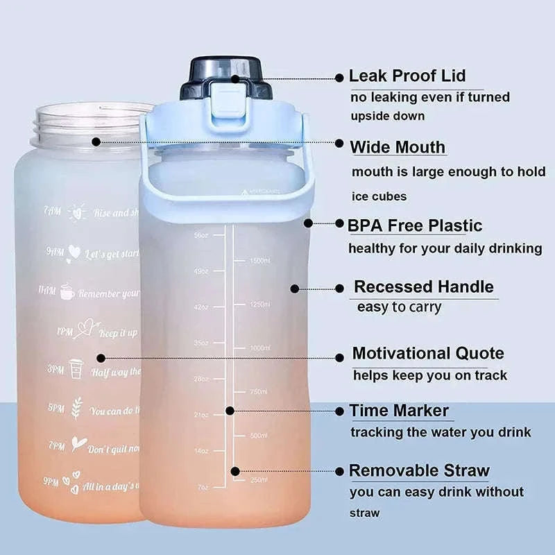 2 Liter Sports Water Bottle with Leak-Proof Straw Lid-pink blue / 2.0L
