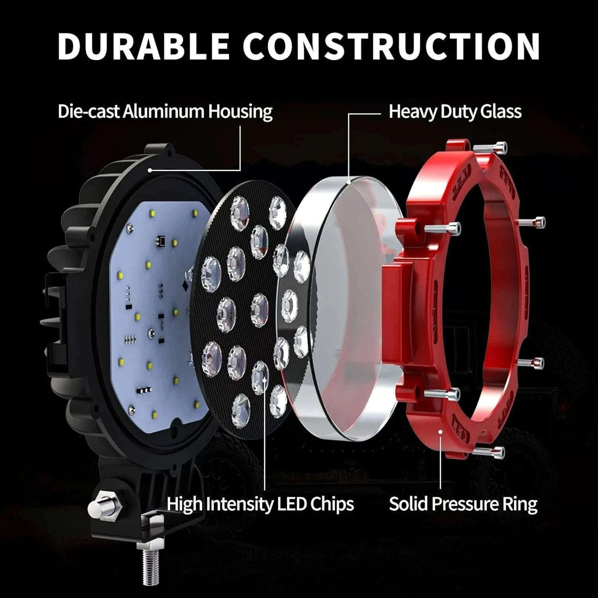 2-Pack 7 Inch 51W LED Work Light Bar for 12V 24V Vehicles-Black / China Mainland