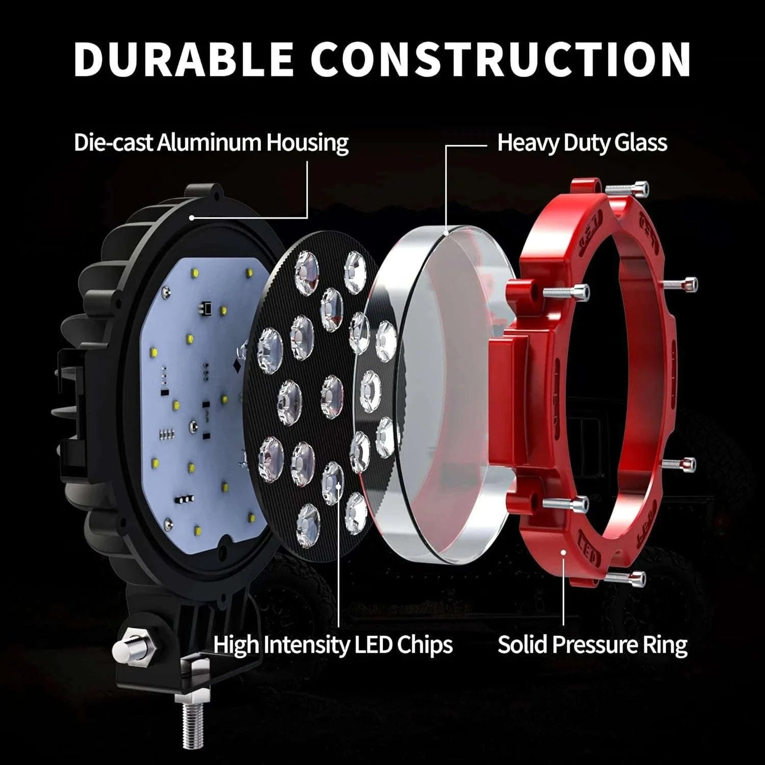 2-Pack 7 Inch 51W LED Work Light Bar for 12V 24V Vehicles-Black / China Mainland