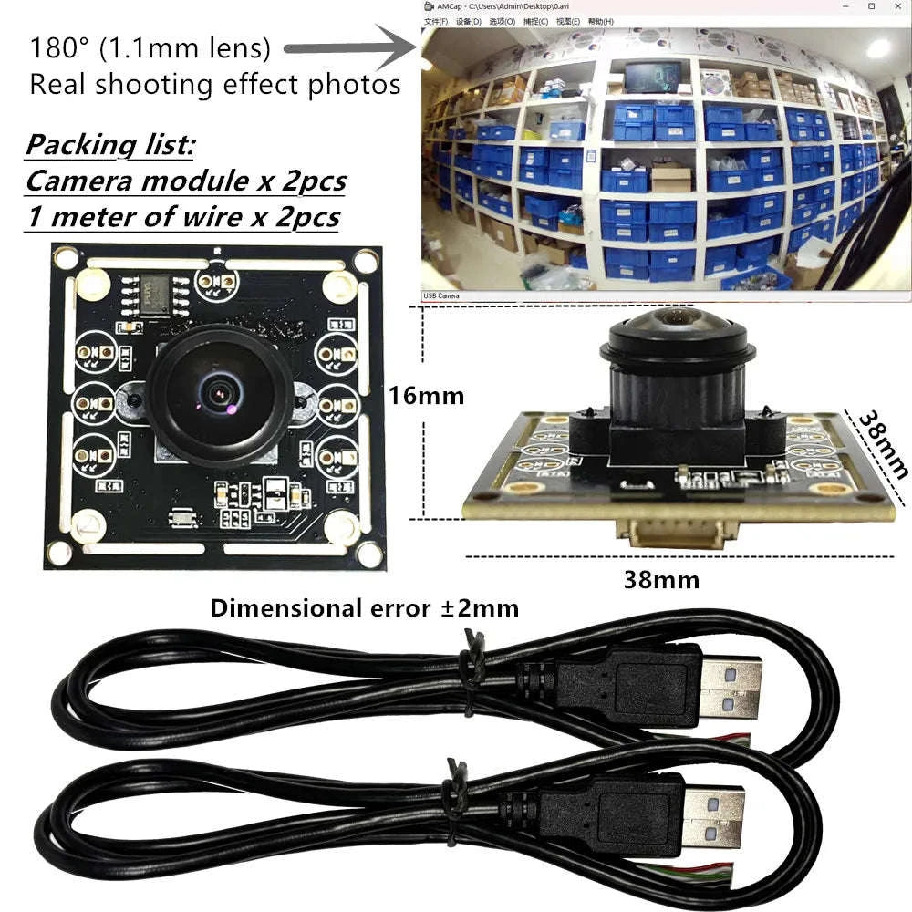 2-Pack 720P USB Camera Module with 180° View and 1m Cable-2PCS 2.1mm lens