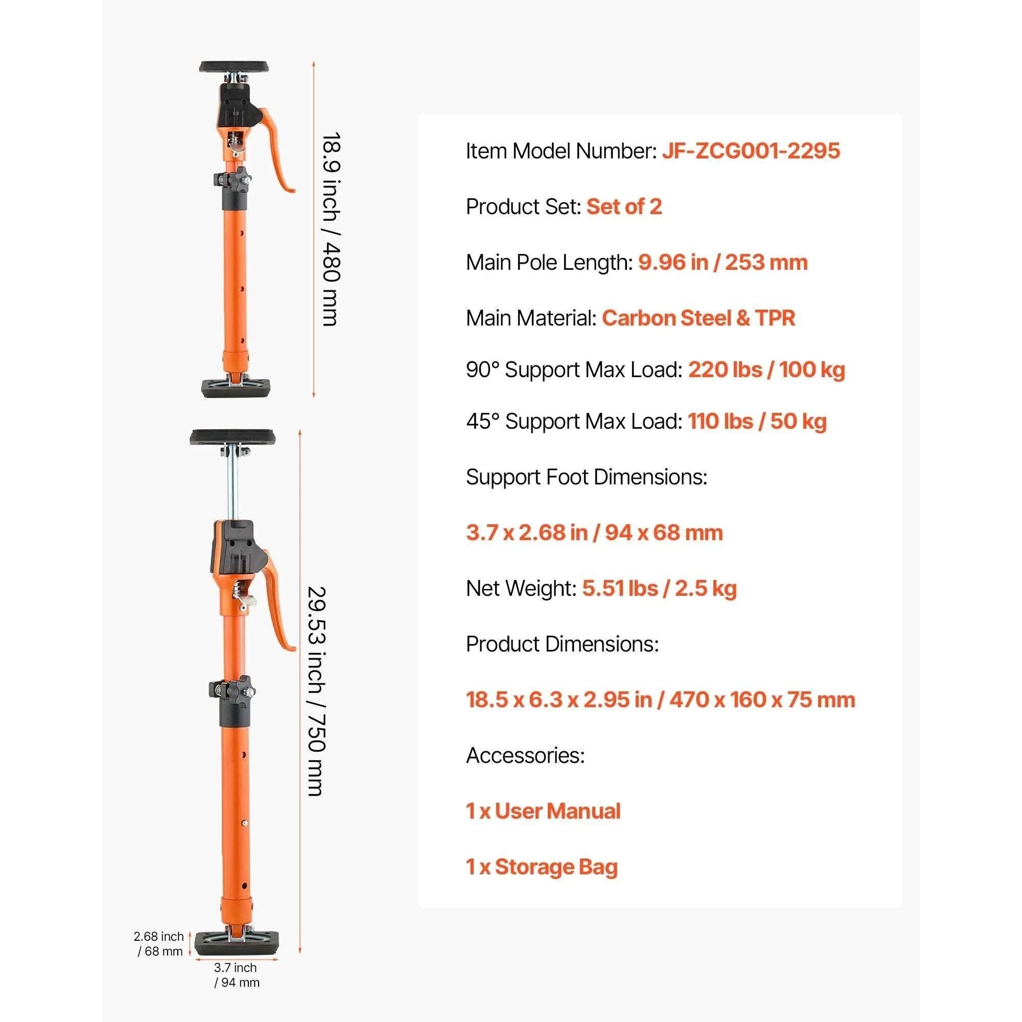 2-Pack Adjustable Support Poles 220 lbs Telescopic Cabinet Jack-15.7-23.62inch / United States