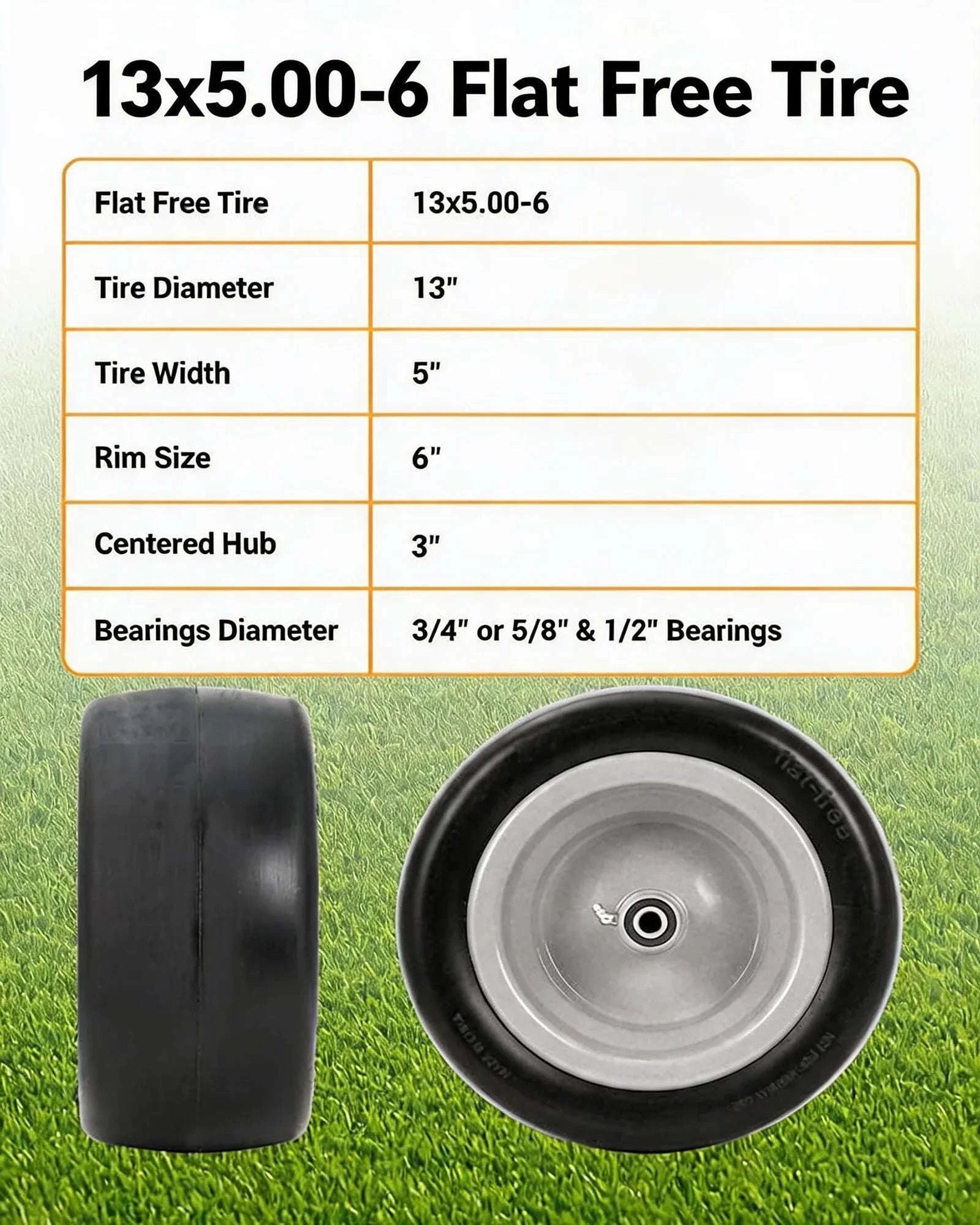 2 Pack Flat Free Zero Turn Mower Front Tires with Bearings-11x4.00-5 / United States