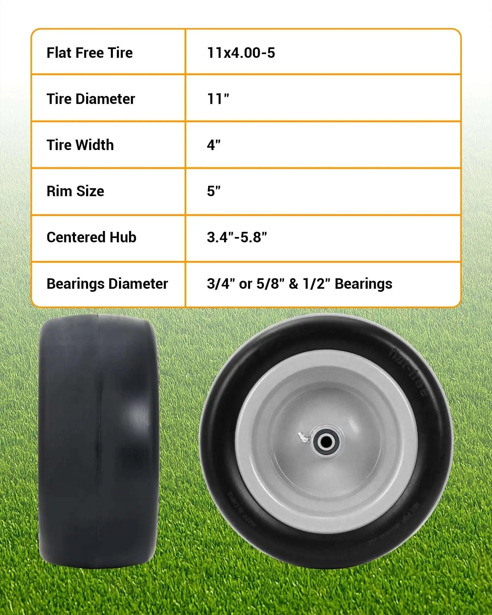 2 Pack Flat Free Zero Turn Mower Front Tires with Bearings-11x4.00-5 / United States