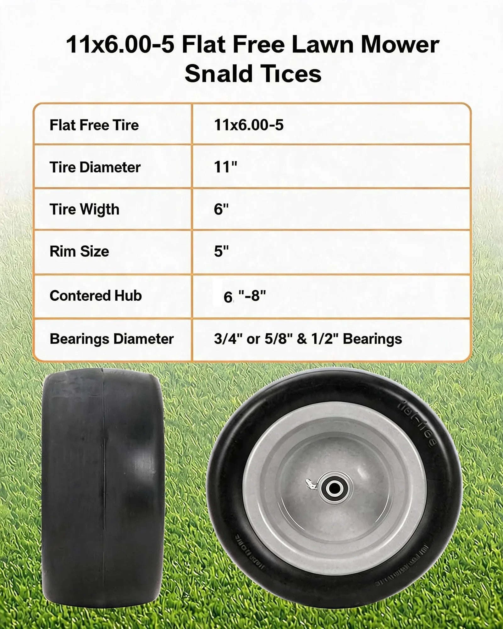2 Pack Flat Free Zero Turn Mower Front Tires with Bearings-11x4.00-5 / United States
