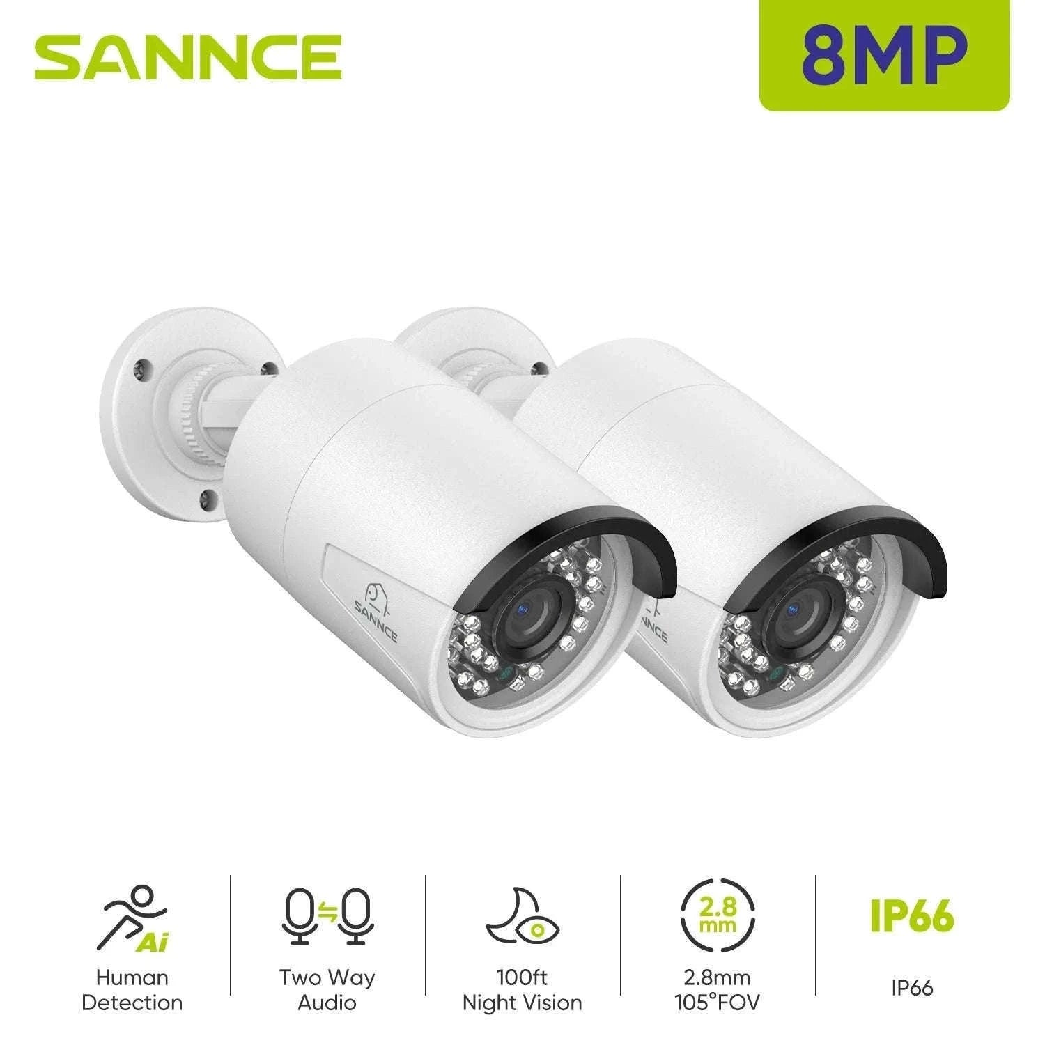 2-Pack PoE Outdoor Security Camera, 8MP Night Vision, IP66-2MP / United States