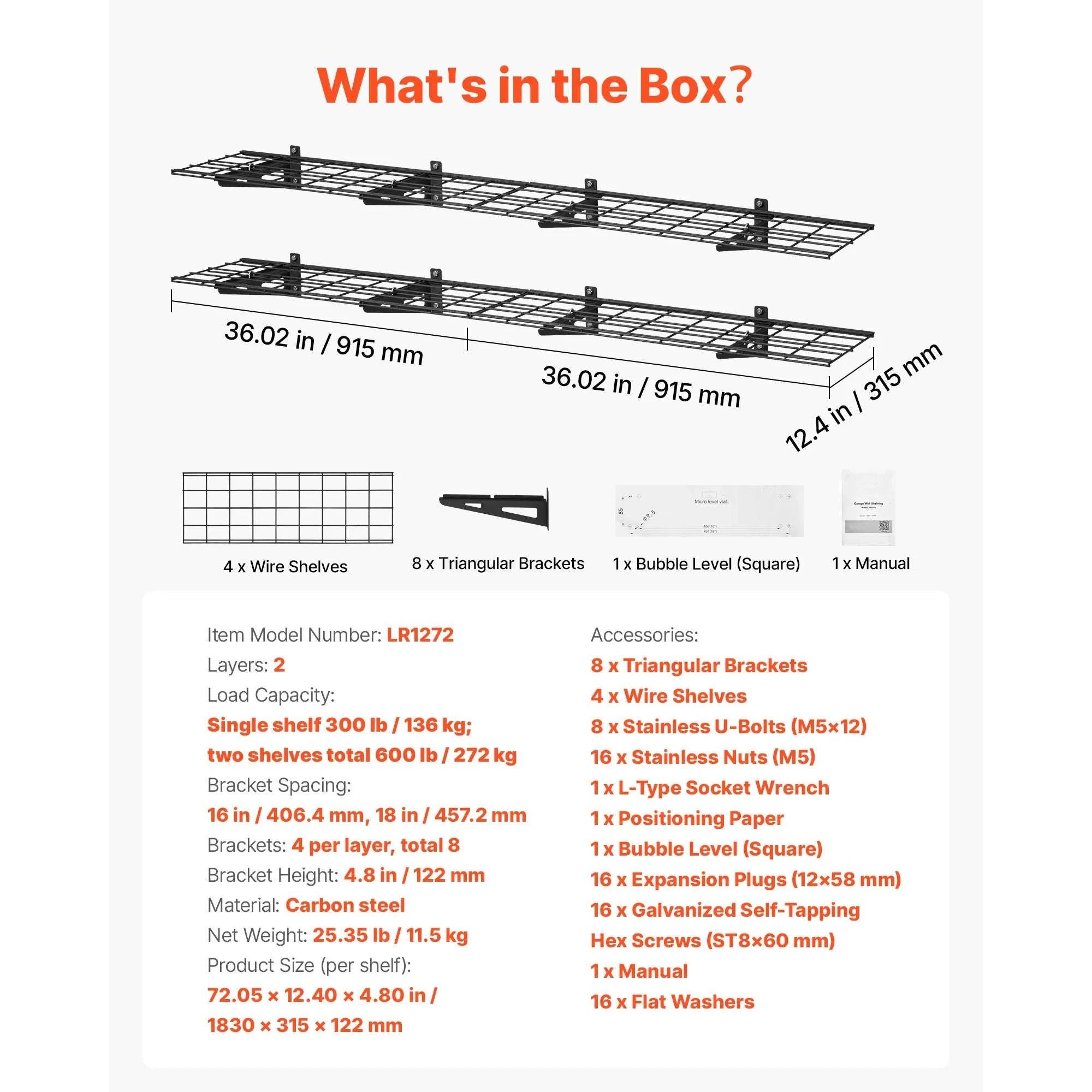 2-Pack Wall Mounted Garage Shelves 12x72 in Heavy Duty Steel 600 lbs Total-12x72inch / United States