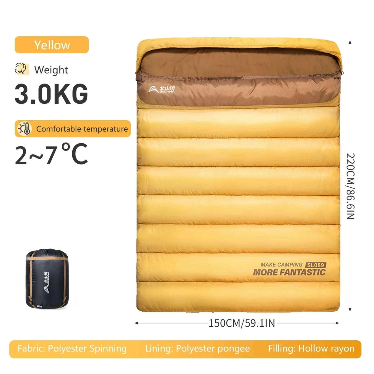 2 Person Sleeping Bag for Camping and Travel-Yellow 2.2kg