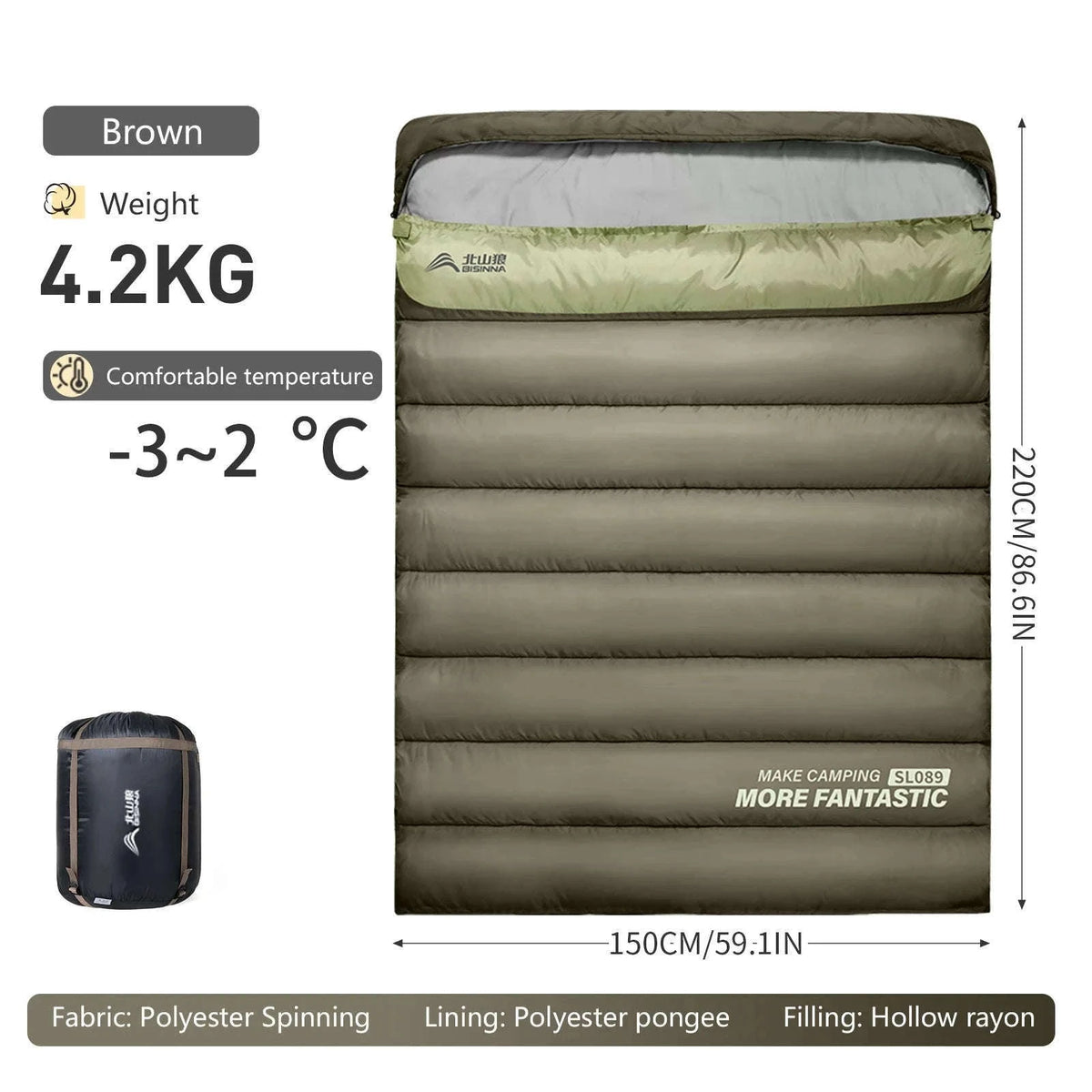 2 Person Sleeping Bag for Camping and Travel-Yellow 2.2kg