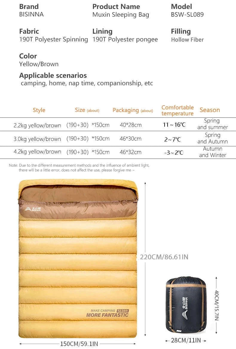 2 Person Sleeping Bag for Camping and Travel-Yellow 2.2kg