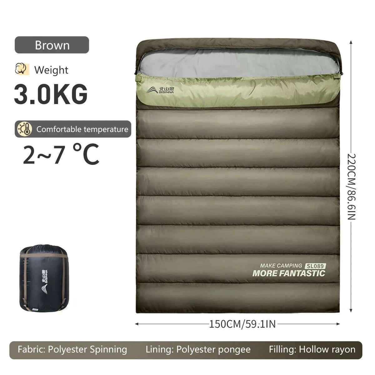2 Person Sleeping Bag for Camping and Travel-Yellow 2.2kg