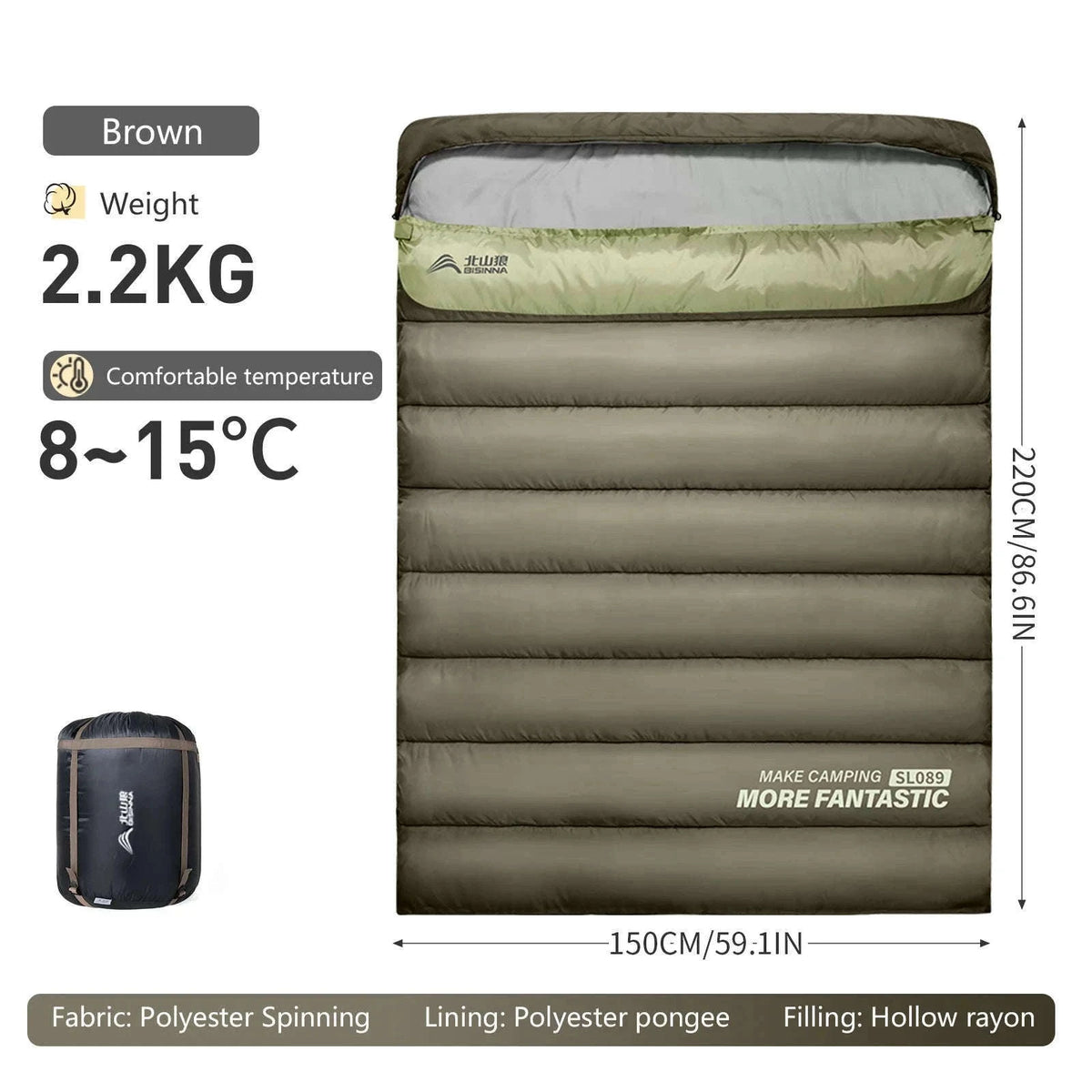 2 Person Sleeping Bag for Camping and Travel-Yellow 2.2kg