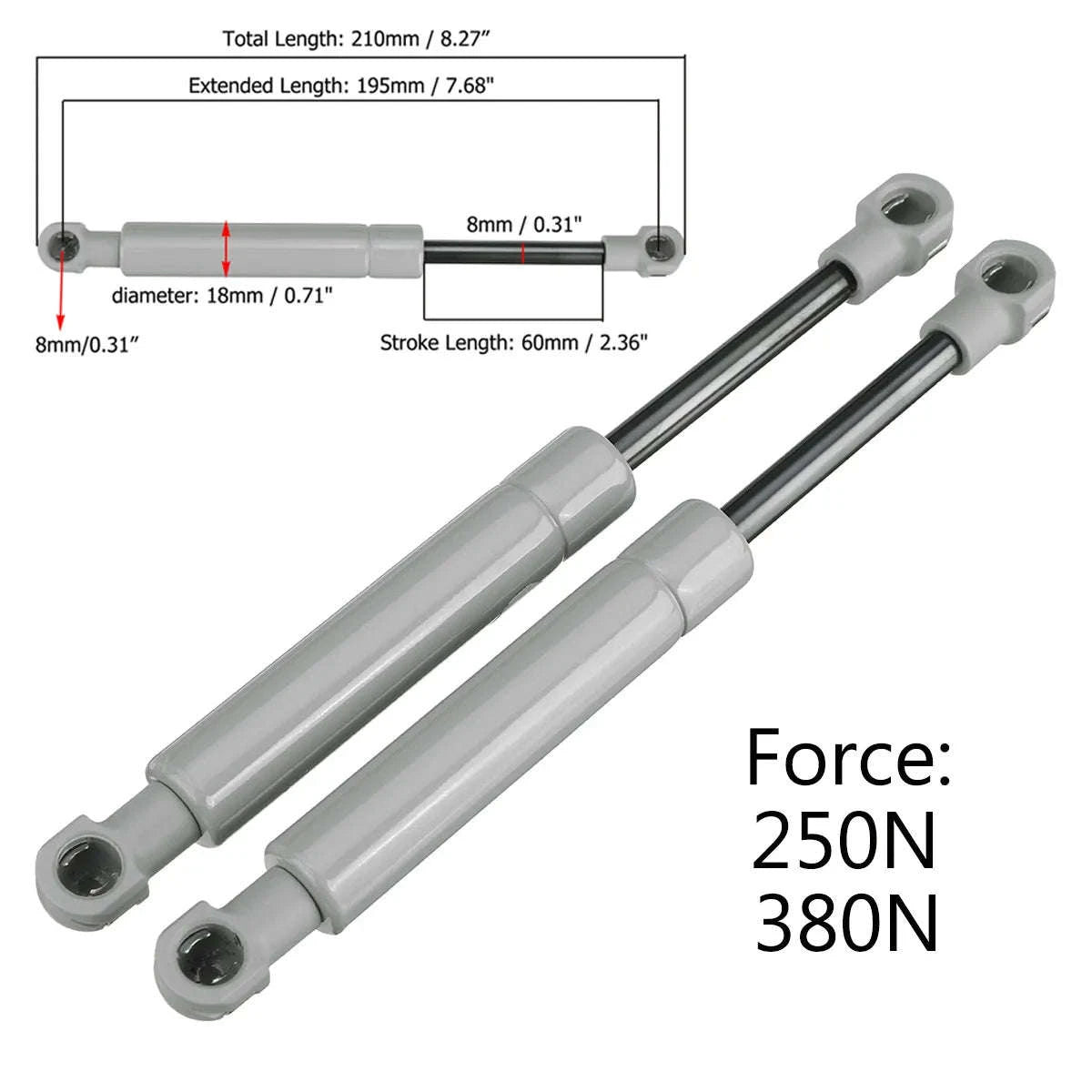 2-Piece Universal Gas Strut 195mm 250N/380N 8mm Rod-250N