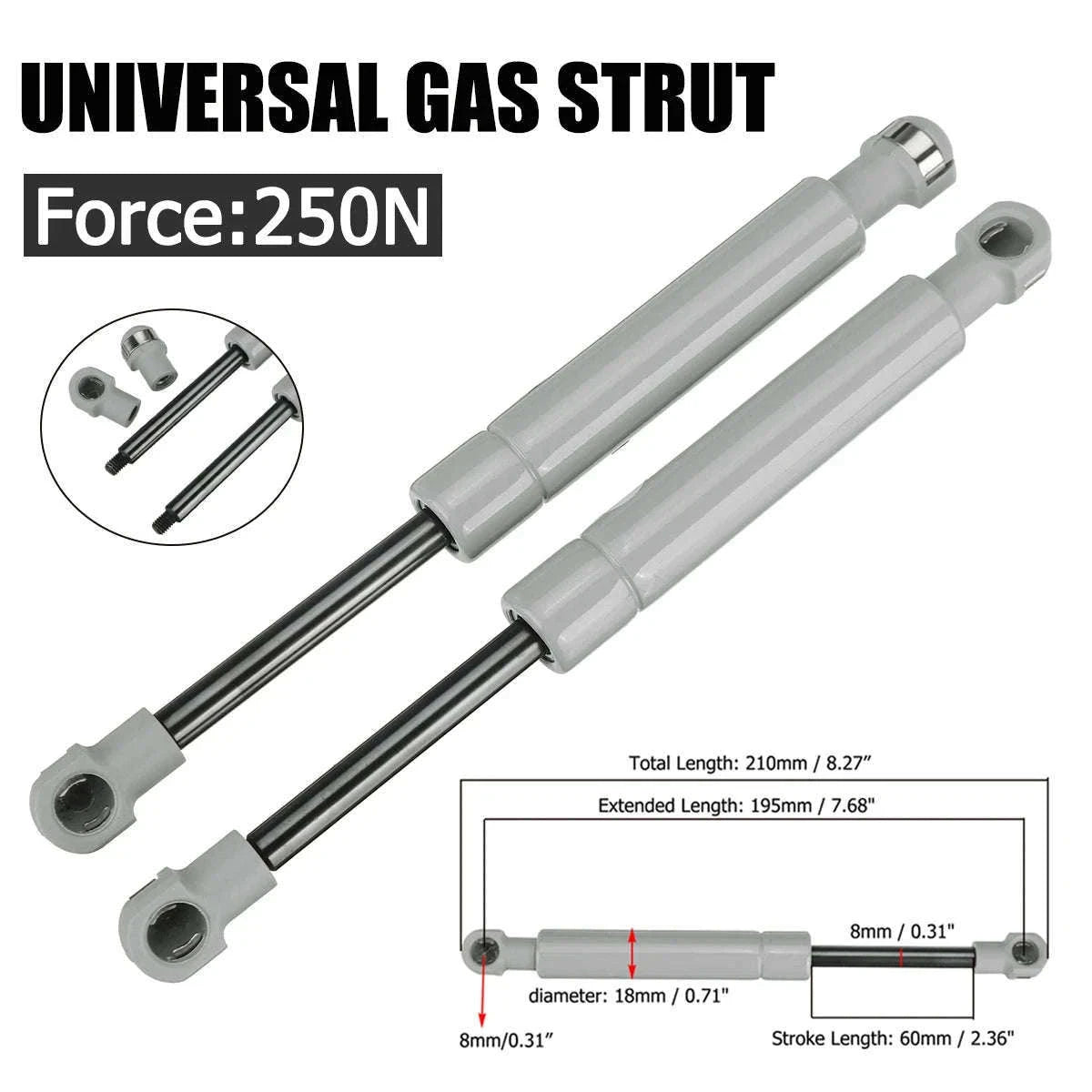 2-Piece Universal Gas Strut 195mm 250N/380N 8mm Rod-250N